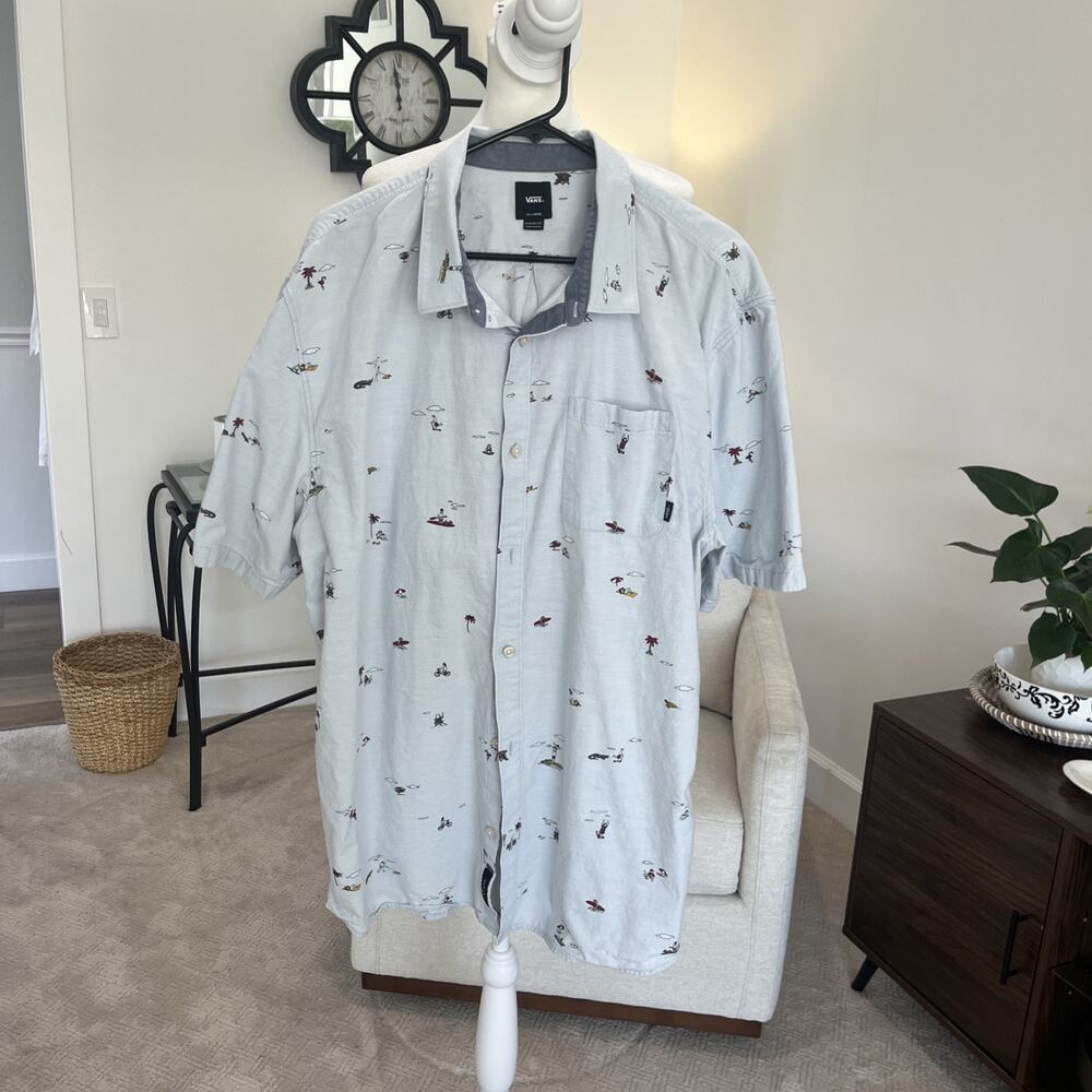 VANS Men XXL Short Sleeve Button Up Shirt Skater Surfer Light Blue Beach Cotton
